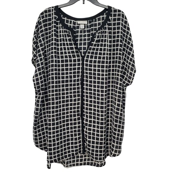Ava & Viv Black and White Windowpane Short Sleeve Flowy Blouse Work Office 3X - Picture 1 of 8
